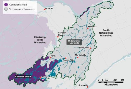 Map of physiographic regions in the larger Eastern Ontario area.